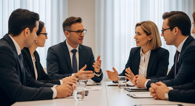 Business Meeting with Six Professionals Discussing Ideas in Modern Conference Room