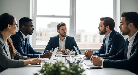 Business Meeting in Modern Conference Room with Diverse Professionals Engaged in Discussion