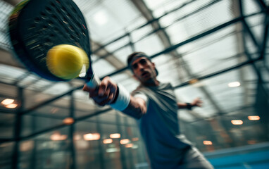 Dynamic blurred background with male athlete playing padel tennis