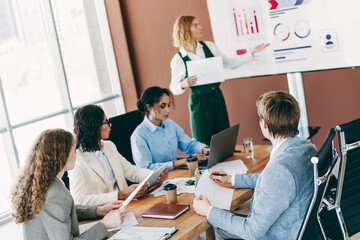 Group of diverse business professionals collaborating on a project during a meeting in a modern office environment
