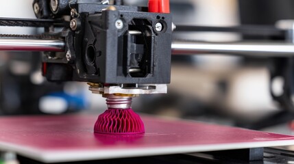 Fototapeta premium A close-up of a 3D printer extruding a vibrant pink object, showcasing the intricate details of the printing process.