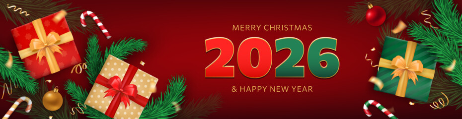 2026 Happy New Year and Merry Christmas wide greeting header with 3d gift boxes with bows, candy canes, realistic golden confetti and fir branches. Red panoramic banner for Xmas holidays celebration