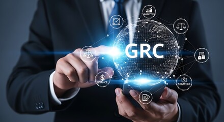 Businessman using a holographic interface for managing corporate governance, risk assessment, and compliance strategies for business success