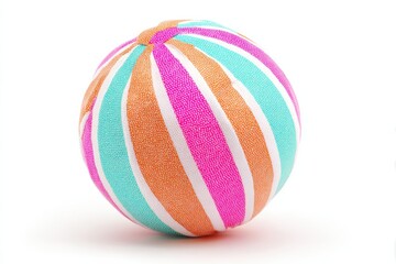 Fototapeta premium A colorful beach ball featuring vibrant stripes in turquoise, orange, pink, and white, ideal for summer fun and outdoor play.