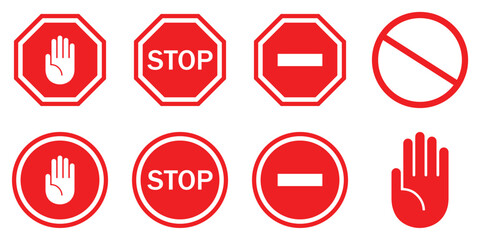 Red Warning and Prohibition Traffic Signs Set – Stop, Alert, No Entry, Restricted Safety Icons in 
Grid Vector Illustration