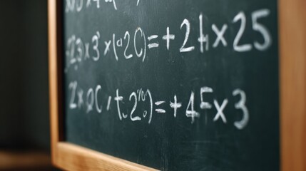 A chalkboard displaying mathematical equations and calculations, illustrating concepts of algebra and arithmetic.