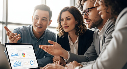 Businesspeople Collaborating in Modern Office Meeting with Data Charts and Graphs