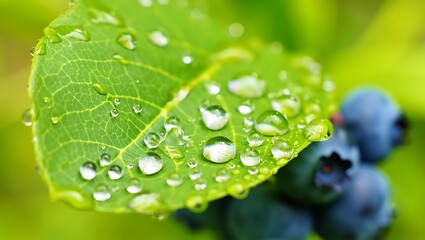 Fresh Blueberry Leaf with Dew Drops