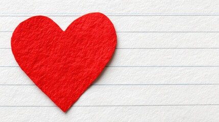 A red paper heart is placed on a lined background, symbolizing love and affection in a simple and creative way.