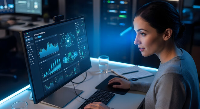 Female Data Analyst Working on Computer Analyzing Digital Graphs in Modern Office