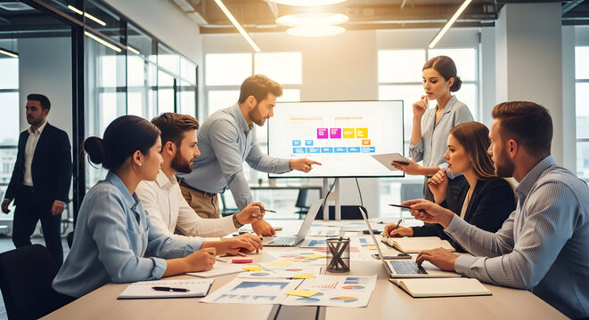 Business Team Meeting in Modern Office with Presentation and Digital Devices - Powered by Adobe