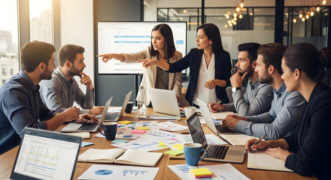 Business Team Meeting in Modern Conference Room with Female Presenter and Laptops