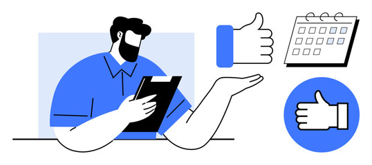 Man holding a clipboard, thumbs-up icons symbolizing approval, and calendar for scheduling. Ideal for teamwork, productivity, planning, success, management, feedback simple landing page