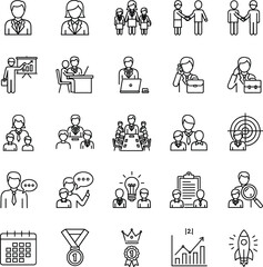 Business management icons set, teamwork outline illustration, leadership vector graphics, corporate success symbols, office communication pictograms, company growth line art