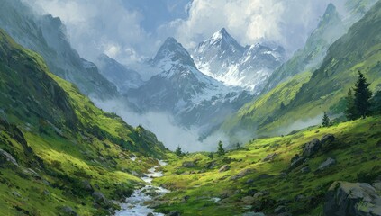 Fototapeta premium Mountain valley, vibrant green slopes, snow-capped peaks. Misty, serene landscape