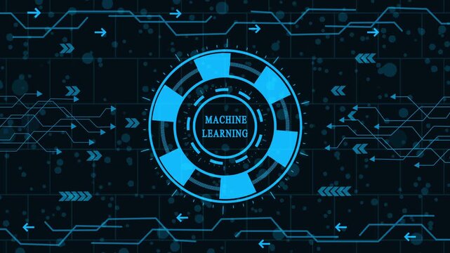 futuristic machine learning and big data analysis animation, digital machine learning algorithm and neural network interface, high-tech machine learning model training and predictive analytics hud