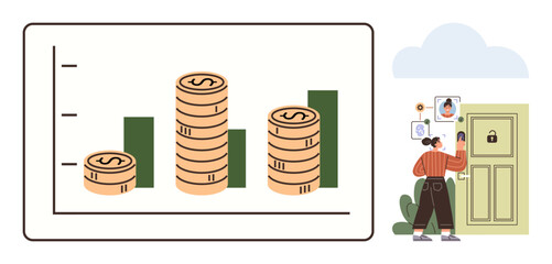 Person unlocking door using facial recognition near growth chart with stacked coins and rising bars. Ideal for technology, finance, security, innovation, progress, smart homes, investment. Simple