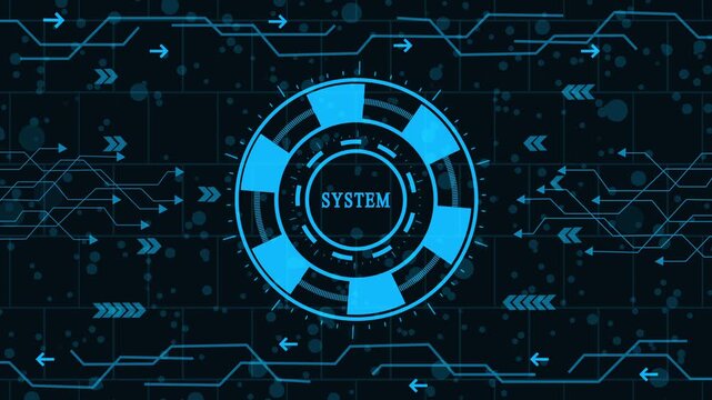 digital operating system and network infrastructure animation, futuristic system integration and process automation hud, high-tech control system and data management platform interface