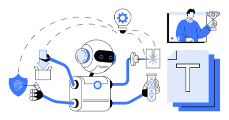 Robot performing multitasking including document editing, analyzing data, innovation, creativity, package delivery, research, and organization. Ideal for artificial intelligence, research