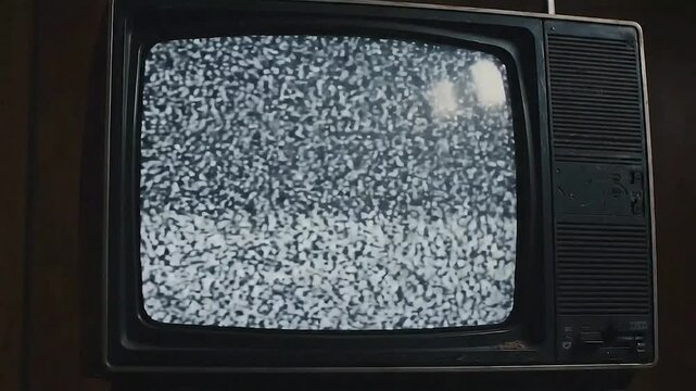 Old-fashioned television set displaying static and snow. The concept of lost communication, no signal, and technical difficulties on a vintage electronic device.