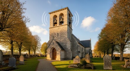 Naklejka premium Stone Church Bells Ringing Out Over Autumnal Cemetery Landscape