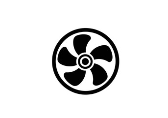 A graphic illustration of a black fan with five blades inside a circular border on white