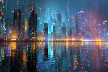 Fototapeta premium Experience the vibrant allure of a futuristic city skyline shimmering through falling rain, its neon lights casting dazzling reflections across the water, evoking a sense of wonder and modern energy.