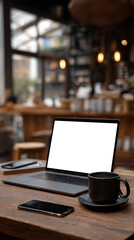 Laptop with blank screen, coffee cup, and smartphone on a rustic wooden table in a cafe computer white screen