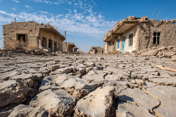 Obraz premium Devastated village street showcases crumbling buildings and cracked earth under a clear blue sky, evoking hardship and resilience