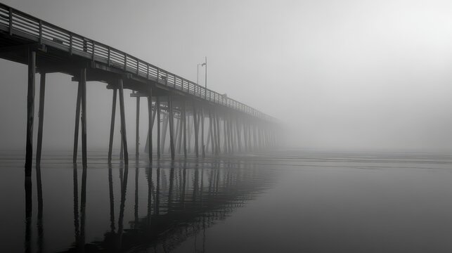 Foggy pier extending into misty ocean; calm water reflects structure; potential use travel brochure