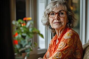 Thoughtful senior woman looking out window