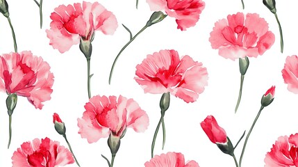 Seamless pattern carnation watercolor painting on white background