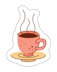 Sticker with cup of tea or coffee and saucer. Color hand drawn clipart illustration.