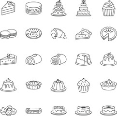 Dessert icons set, outline cakes, cupcake, donut, croissant, pie, tart, pudding, eclair, flan, macarons, bakery sweets, pastry food, vector illustration