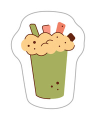 Sticker with hot cocoa with foam. Color hand drawn clipart illustration.