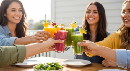 Group of smiling young women enjoying colorful smoothies on a sunny terrace