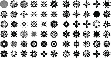 Geometric abstract mandala vector set with floral symmetry, radial shapes, modern design elements for decoration, logos, tattoos, or backgrounds.