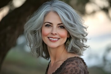 Naklejka premium Smiling gray haired middle aged woman outdoors portrait