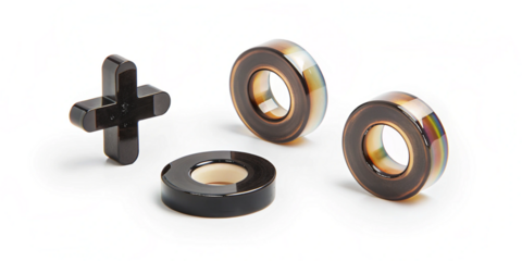 Three metallic tic tac toe game pieces with crosses and rings on white symbol shape isolated on a transparent background