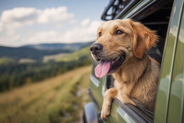 A happy dog hanging out of the window on an open road, enjoying its ride in a green SUV The background is a beautiful countryside with rolling hills and a blue sky Generative AI