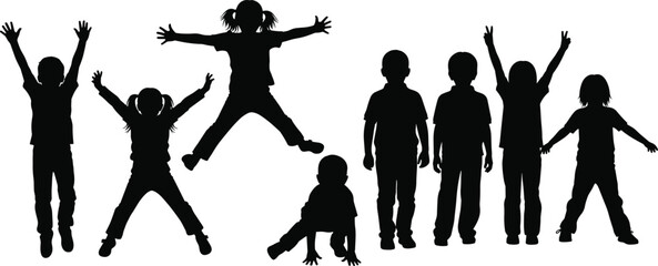 Silhouette of Happy Children Playing, Jumping and Standing Together – Kids Activity Vector Illustration for Childhood Fun and Education Concepts