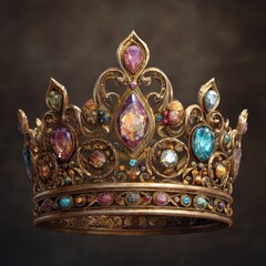Fototapeta premium Ornate jeweled crown, dark background, regal power, symbolic royalty, graphic design