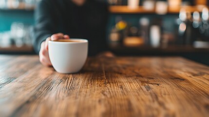 Coffee shop loyalty card stamp, barista's hand, wooden counter, customer reward