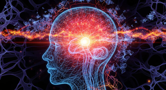A powerful conceptual image of a human head, representing intense thought, creativity, or mental activity. The brain is glowing with a red, fiery energy, with a bright burst of light at its core - Powered by Adobe