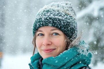 Happy woman enjoying snowy winter forest walk