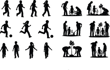 Silhouette vector of children walking, running, playing soccer, and planting trees with family for nature education and eco awareness design.