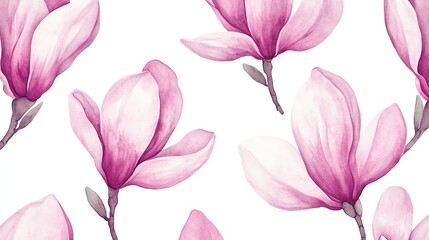 Seamless pattern magnolia watercolor flower petals on white background