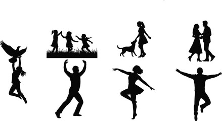 Silhouette Vector Set of Happy People Dancing, Playing, Loving, and Enjoying Life with Pets, Nature, and Relationships
