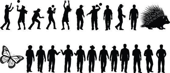 Silhouettes of People Playing with Ball, Walking, Talking, Alongside Butterfly and Porcupine Vector Elements for Nature and Activity Concepts