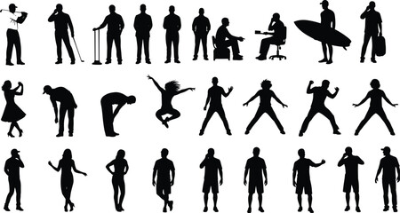 Silhouettes of People in Various Poses, Activities, and Gestures – Vector Illustration for Lifestyle, Movement, Business, Sport, and Expression Concepts